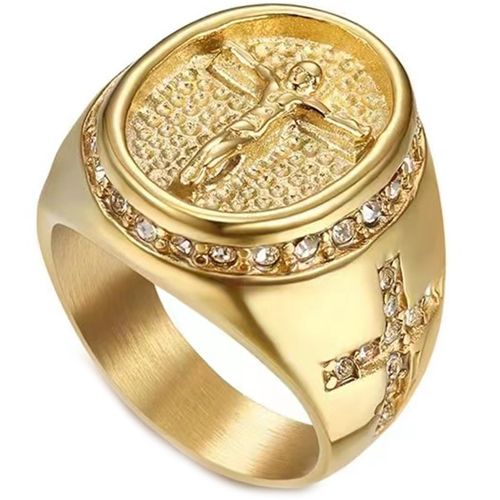 **COI Gold Tone Titanium Cross Ring With Cubic Zirconia-7915