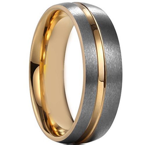 **COI Tungsten Carbide Gold Tone Silver Center Groove Dome Court Ring-7958AA