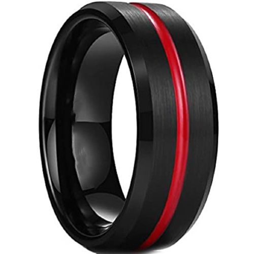 **COI Titanium Black Red Center Groove Beveled Edges Ring-7972AA