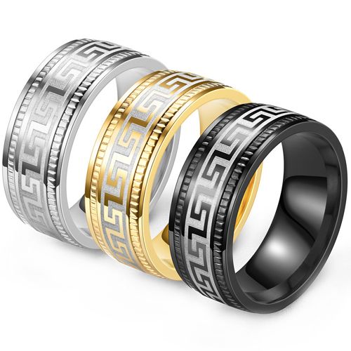 **COI Titanium Black/Gold Tone/Silver Greek Key Pattern Step Edges Ring-8149AA