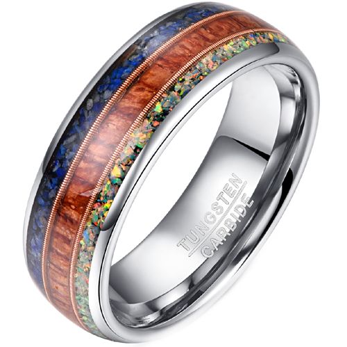 **COI Tungsten Carbide Rose Silver Crushed Opal & Wood Ring-8278AA