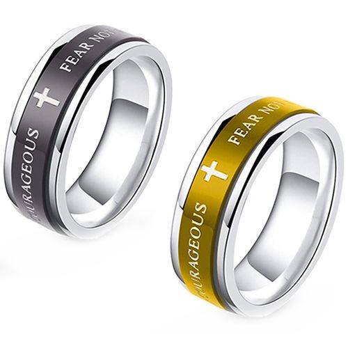 **COI Titanium Black/Gold Tone Silver Cross Step Edges Ring-8350AA