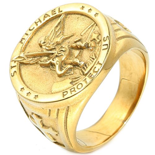 **COI Titanium Black/Gold Tone/Silver St Michael Protect Us Ring-8399AA