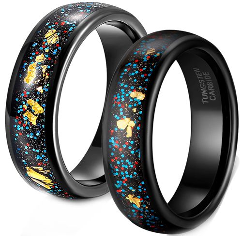 **COI Black Tungsten Carbide Meteorite Dome Court Ring with 18K Gold Foil-8443AA