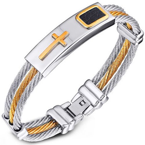 COI Titanium Black Gold Tone Silver Cross Wire Bracelet With Steel Clasp(Length: 7.87 inches)-8524AA