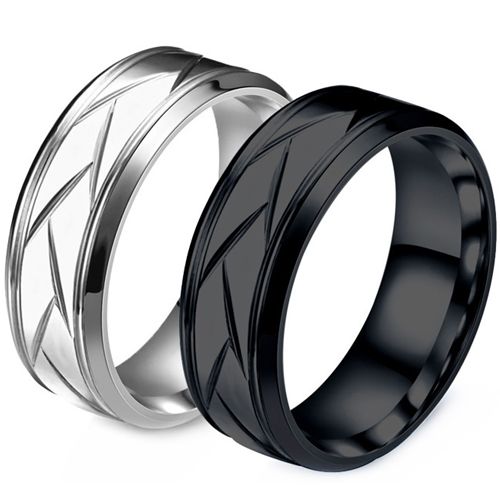**COI Titanium Black/Silver Diagonal Grooves Step Edges Ring-8552AA