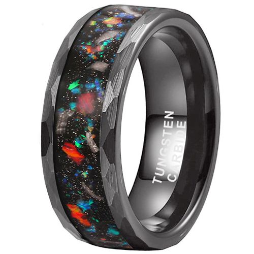 COI Black Tungsten Carbide Hammered Ring with Crushed Opal & Meteorite-8621