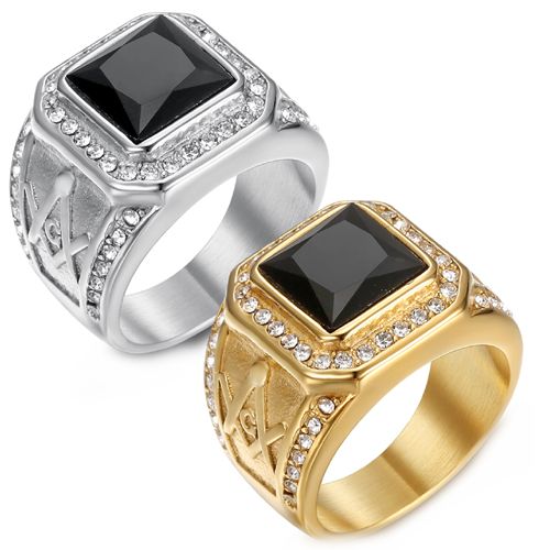 **COI Titanium Gold Tone/Silver Masonic Freemason Ring With Cubic Zirconia-8648