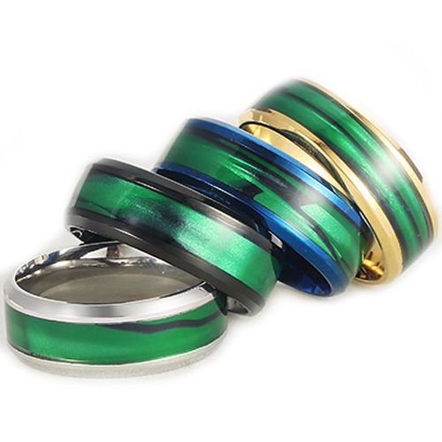 **COI Titanium Black/Gold Tone/Blue/Silver Beveled Edges Ring With Green Wood-8655