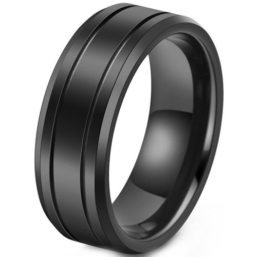 **COI Black Tungsten Carbide Double Grooves Beveled Edges Ring-8688