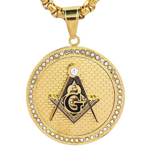**COI Titanium Black Gold Tone Masonic Freemason Pendant With Cubic Zirconia-8726AA