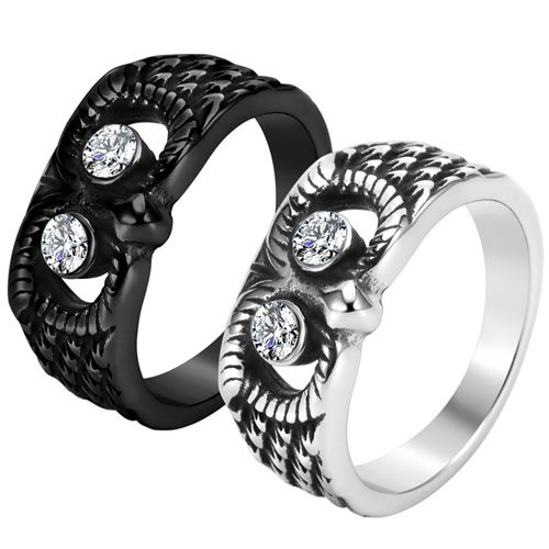 **COI Titanium Black/Silver Owl Ring With Cubic Zirconia-8751AA