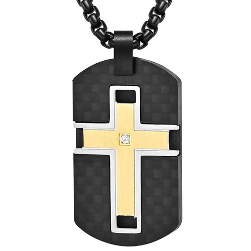 **COI Titanium Gold Tone/Black Cubic Zirconia Cross Dog Tag Pendant With Carbon Fiber-8785AA