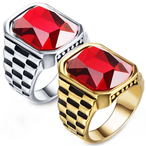 **COI Titanium Gold Tone/Silver Black Checkered Flag Ring With Created Red Ruby-8796AA