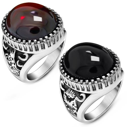 **COI Titanium Black Silver Ring With Black Onyx or Created Red Ruby Cabochon-8808AA