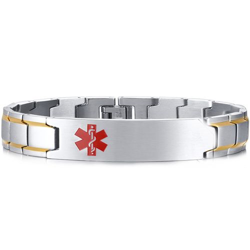 COI Titanium Gold Tone Silver Medical Alert Bracelet With Steel Clasp(Length: 8.27 inches)-8831AA