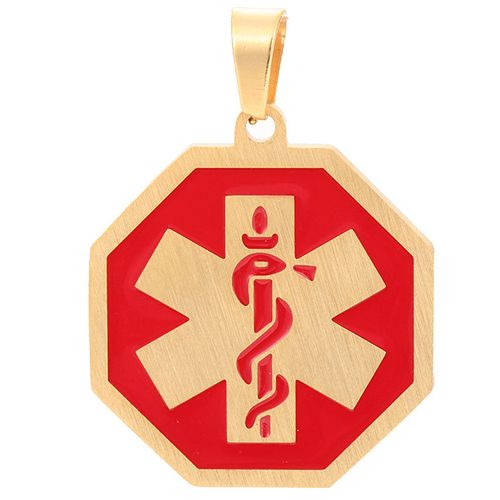 **COI Titanium Gold Tone/Silver Red Medical Alert Pendant-8835AA