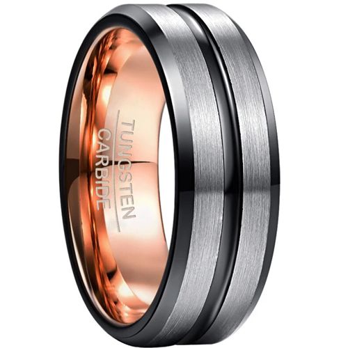 **COI Tungsten Carbide Black Rose Silver Center Groove Beveled Edges Ring-8873AA