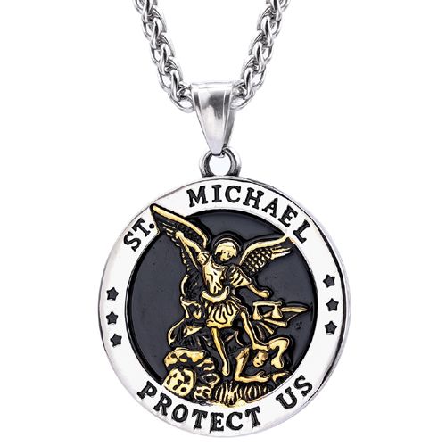 **COI Titanium Black Gold Tone Silver/Black Silver St Michael Protect Us Pendant-8891