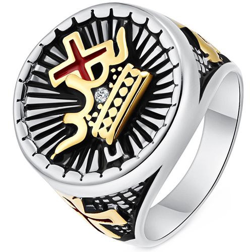 **COI Titanium Black Gold Tone Silver/Black Gold Tone Cross & Crown Ring With Cubic Zirconia-8928