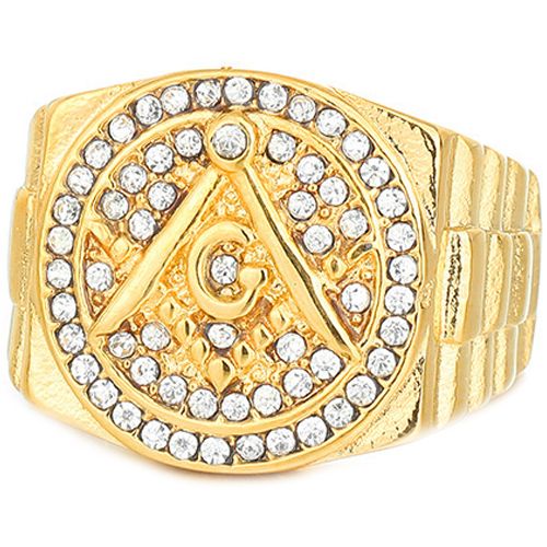 **COI Gold Tone Titanium Masonic Freemason Ring With Cubic Zirconia-8974