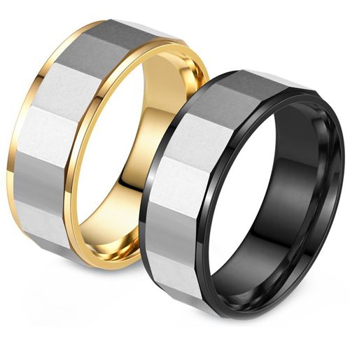 **COI Titanium Black/Gold Tone Silver Faceted Step Edges Ring-9059