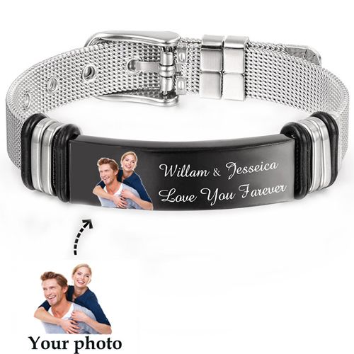 COI Titanium Black Silver Custom Photo Engraving Bracelet With Steel Clasp(Length: 8.46 inches)-9082