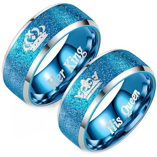 **COI Titanium Blue Silver King Queen Crown Sandblasted Beveled Edges Ring-9100