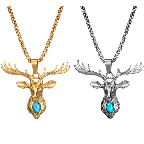 COI Titanium Black Silver/Gold Tone Deer Head Pendant With Turquoise-9134