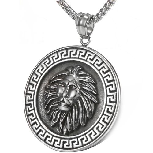 COI Titanium Black Silver Greek Key Pattern Lion Head Pendant-9156