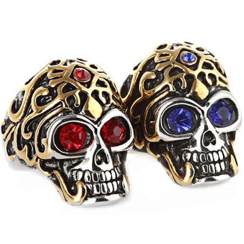 **COI Titanium Black Gold Tone Silver Skull Ring With Created Blue Sapphire/Red Ruby-9168