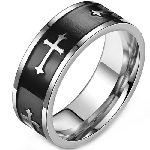 **COI Titanium Black Silver Cross Pipe Cut Flat Ring-9174