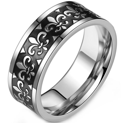 **COI Titanium Black Silver Fleur De Lis Ring-9175