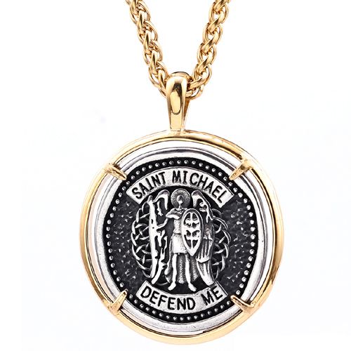 **COI Titanium Black Gold Tone Silver Saint Michael Defend Me Pendant-9242