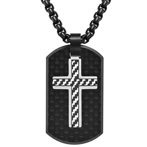 **COI Titanium Black Silver Cross Tag Pendant With Carbon Fiber-9250