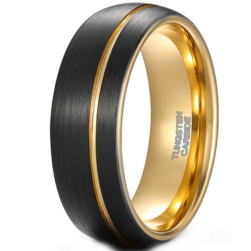 **COI Tungsten Carbide Black Gold Tone Offset Groove Dome Court Ring-9339AA