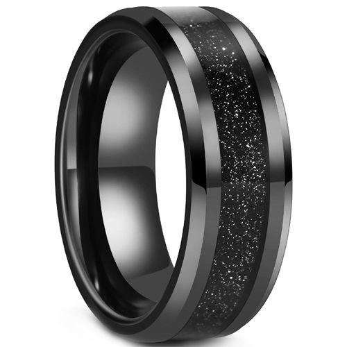 **COI Black Tungsten Carbide Beveled Edges Ring With Meteorite-9342AA