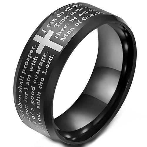 **COI Tungsten Carbide Black/Silver Cross Prayer Beveled Edges Ring-9352
