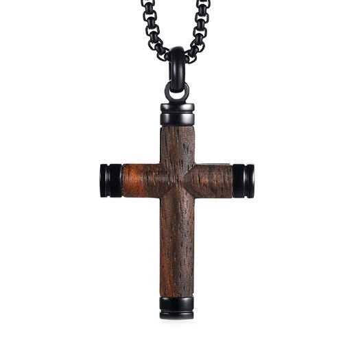 ***COI Titanium Black/Silver Cross Pendant With Wood-9398A