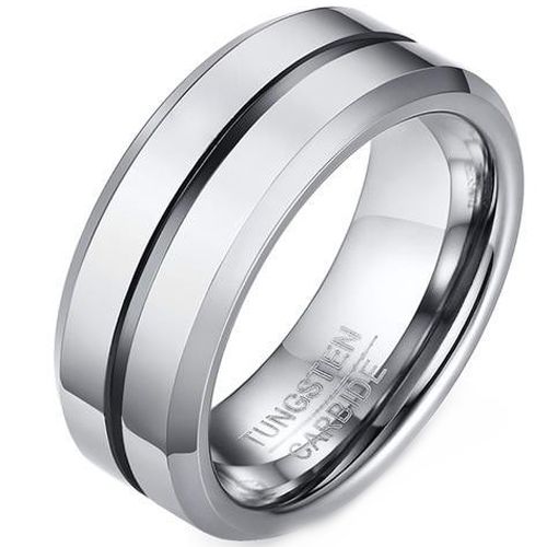 **COI Tungsten Carbide Black Silver Center Groove Beveled Edges Ring-9404