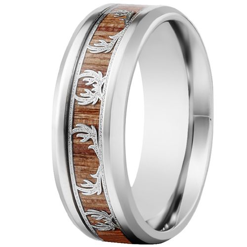 **COI Titanium Deer Head Beveled Edges Ring With Wood-9420