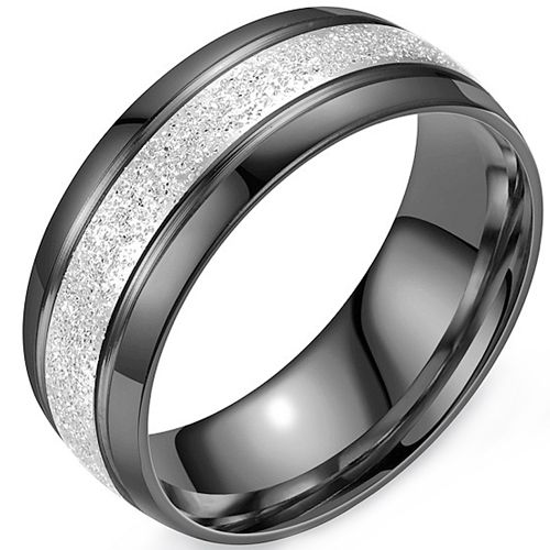 **COI Titanium Silver Black/Gold Tone/Silver Double Grooves Sandblasted Ring-9433