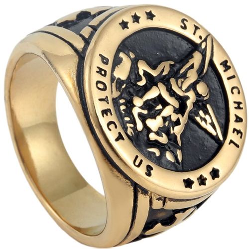 **COI Titanium Black Gold Tone St Michael Protect Us Ring-9479