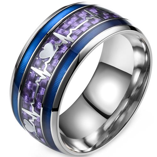 **COI Titanium Blue Purple Silver Heartbeat & Heart Dome Court Ring With Carbon Fiber-9518