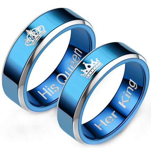 **COI Titanium Blue Silver His Queen Her King Crown Beveled Edges Ring-9524