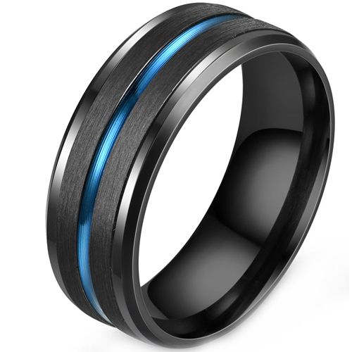 **COI Titanium Black Blue Center Groove Beveled Edges Ring-9529