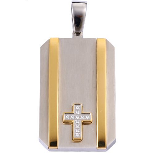 **COI Titanium Gold Tone Silver Cross Tag Pendant With Cubic Zirconia-9532