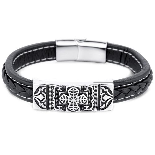 **COI Titanium Black Silver Cross Genuine Leather Bracelet With Steel Clasp(Length: 8.07 inches)-9666