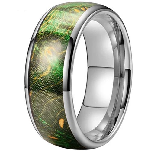 **COI Tungsten Carbide Rose/Gold Tone/Silver Green Wood Dome Court Ring-9835