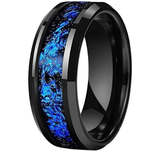 **COI Tungsten Carbide Black/Gold Tone/Rose/Silver Meteorite & Blue Foil Beveled Edges Ring-9839